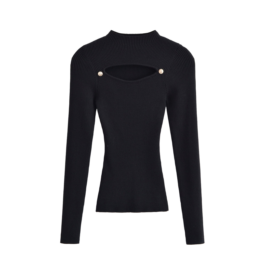 Women's Ribbed Stretch Fine Knit Sweater with Chest Cut-Out and Decorative Buttons Mune Fashion