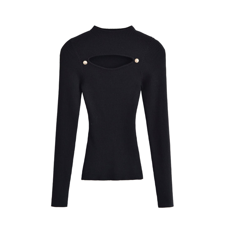 Women's Ribbed Stretch Fine Knit Sweater with Chest Cut-Out and Decorative Buttons Mune Fashion