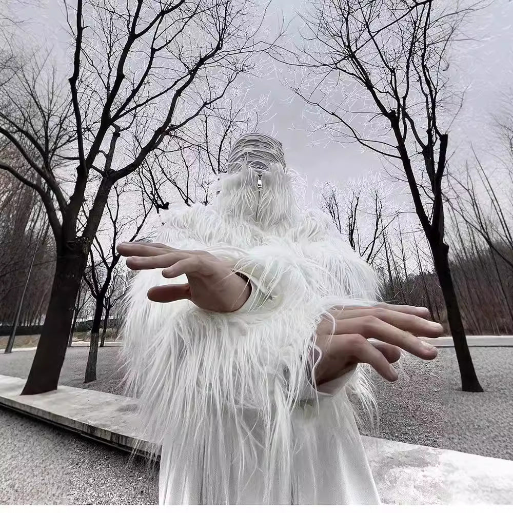 Men's Statement Faux Fur Jacket with Long Shaggy Sleeves and Asymmetrical Zipper Mune Fashion