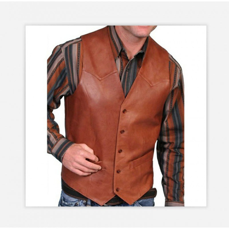Men's tailored leather vest with western details, V-neck and two side pockets Mune Fashion