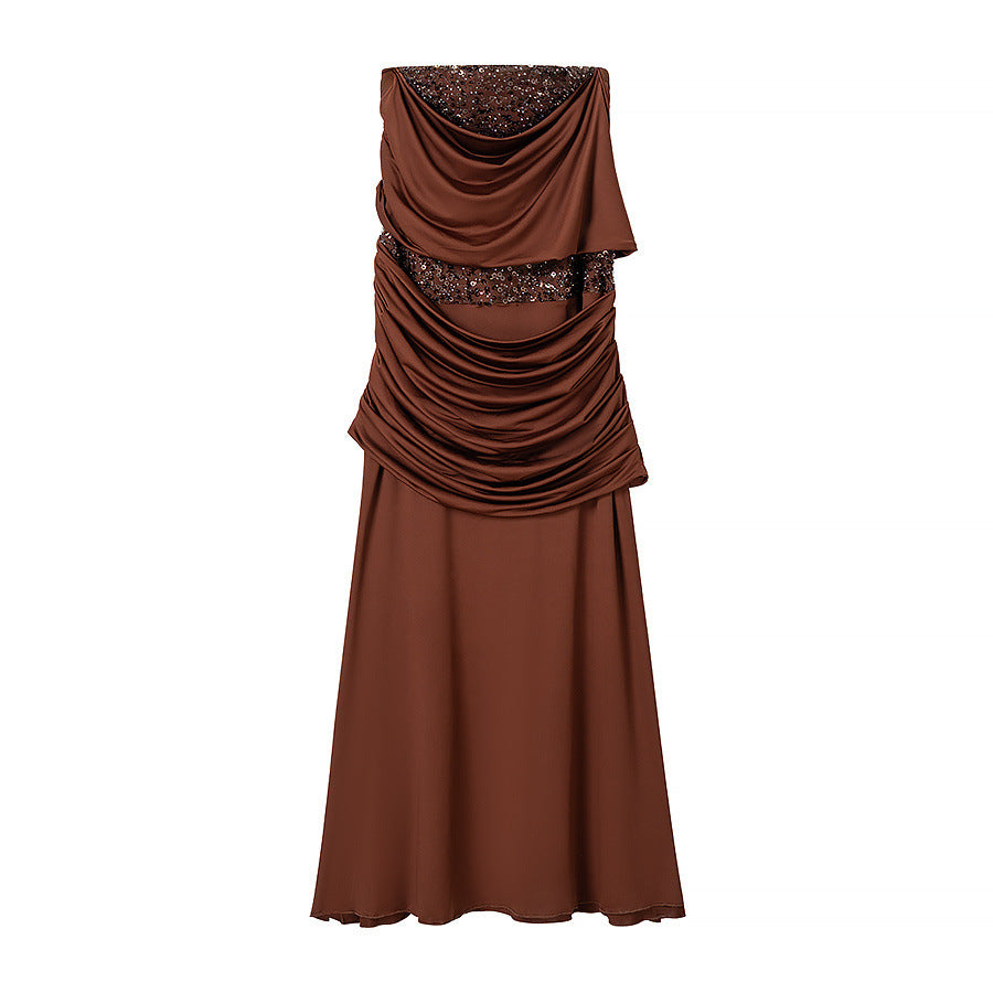 Ladies evening dress with off-the-shoulder draped top and sequin insert Mune Fashion