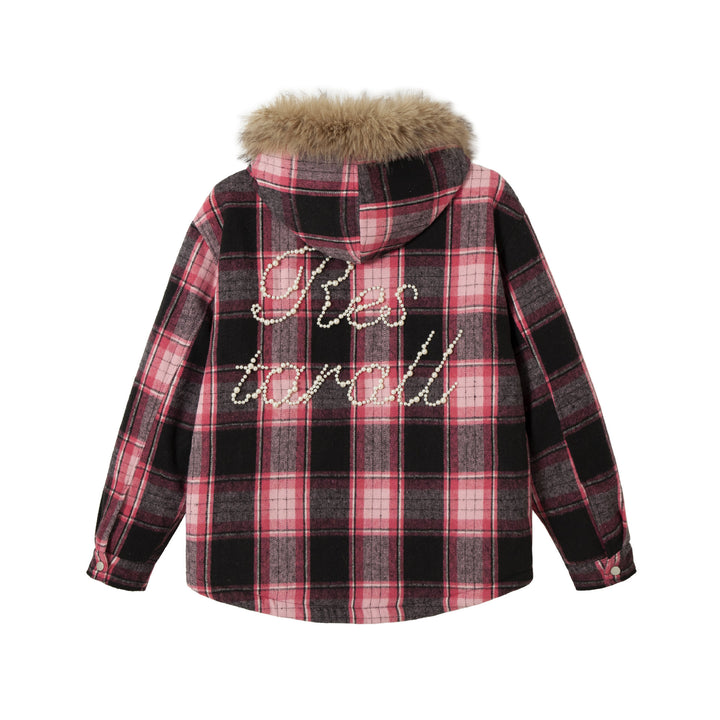 Women's checked wool blend blouson with detachable faux fur collar and pearl appliqué Mune Fashion