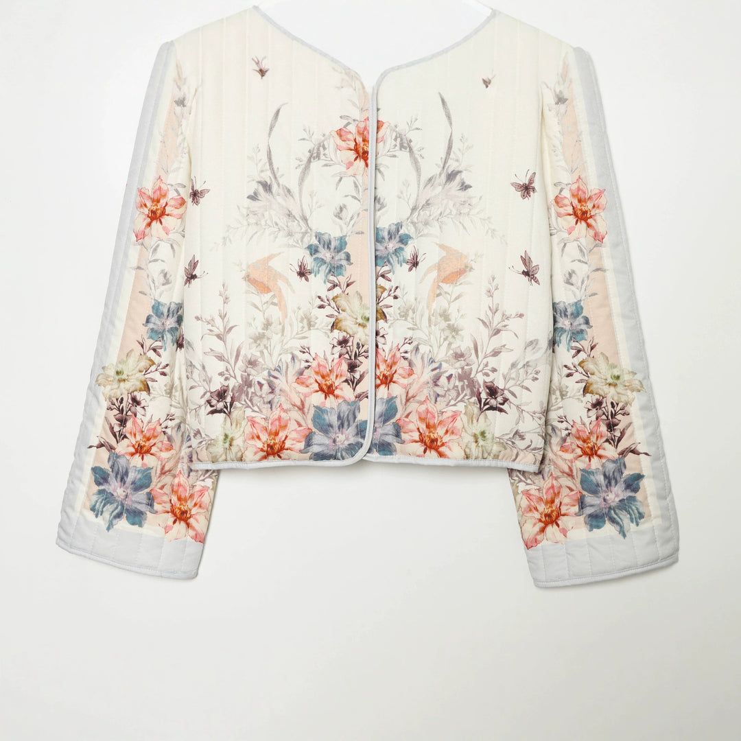 Women's Quilted Cropped Transitional Jacket with Floral Allover Print and Round Neckline Mune Fashion