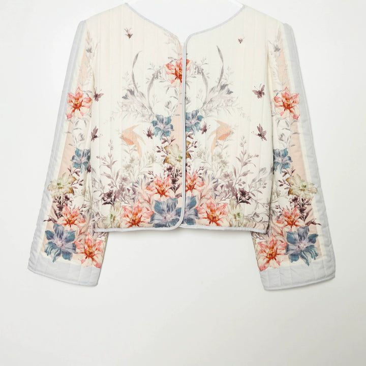 Women's Quilted Cropped Transitional Jacket with Floral Allover Print and Round Neckline Mune Fashion