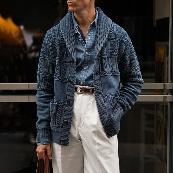 Men's Knitted Shawl Collar Cardigan with Textured Knit and Patch Pockets Mune Fashion