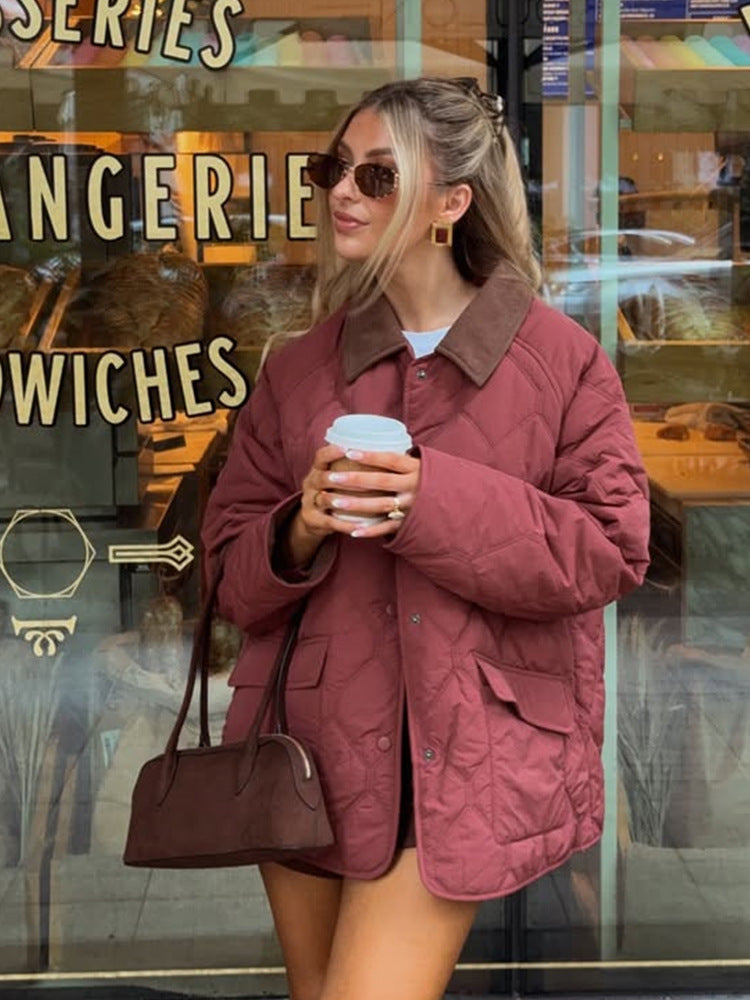 Women's quilted oversized jacket with cord collar, snap button closure and patch flap pockets Mune Fashion