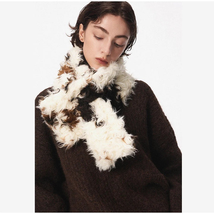 Women's faux fur shawl stole with curly shaggy texture and loop closure Mune Fashion