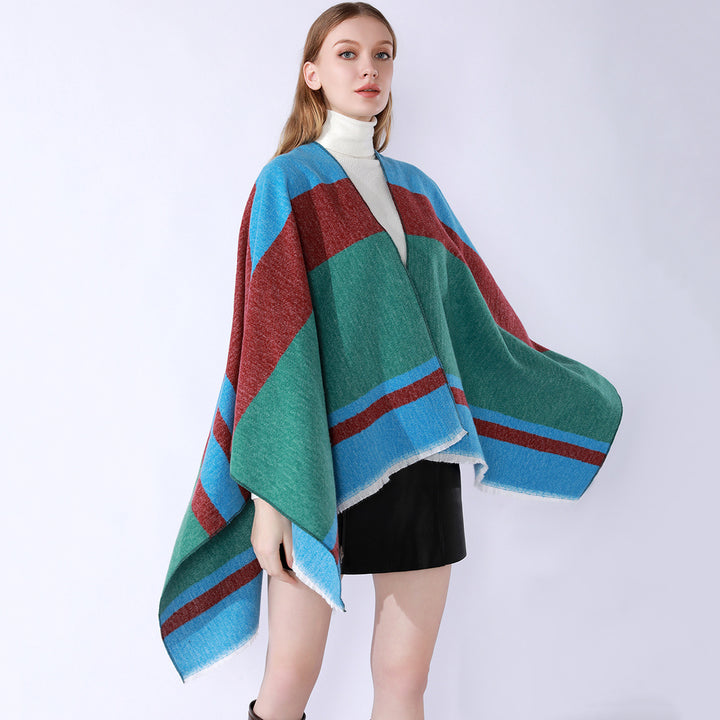 Women's Lightweight Cape Poncho made of fine knit with geometric block stripe design Mune Fashion