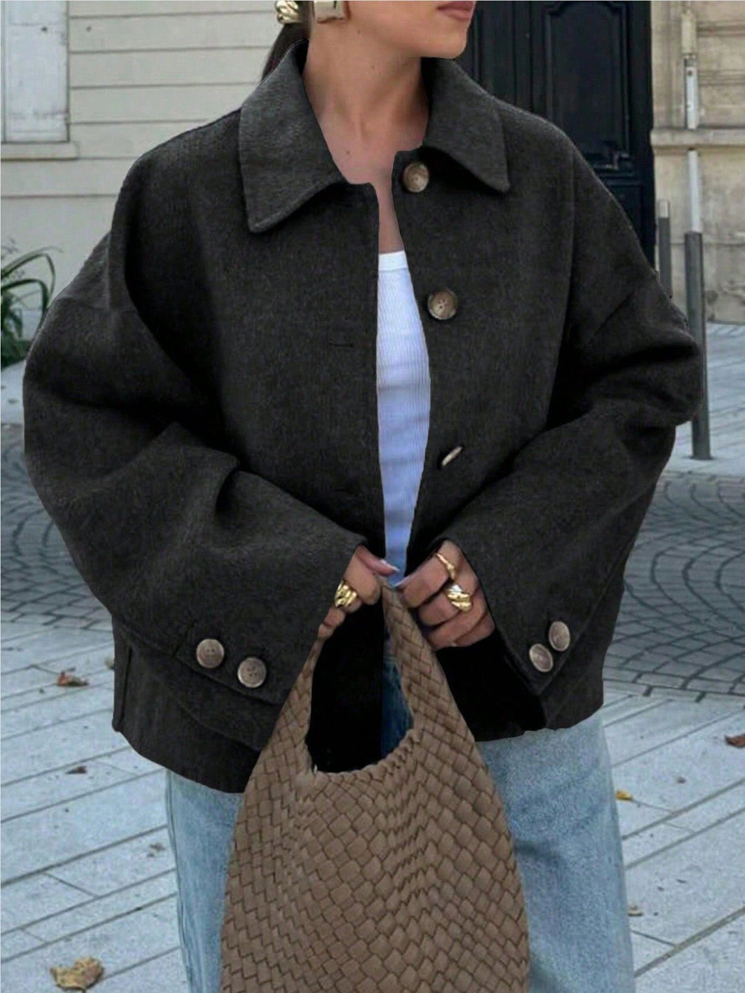 Women's Oversize Wool Blend Jacket with Large Decorative Buttons and Wide Cuffs Mune Fashion