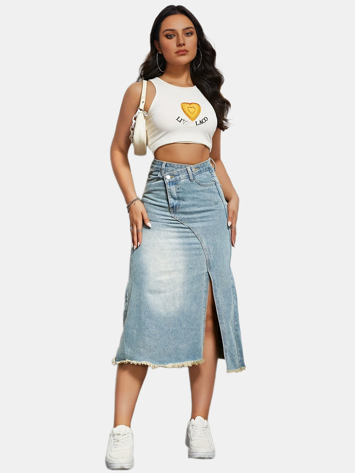 Women's asymmetrical high-waisted denim midi skirt with front slit and frayed hem Mune Fashion