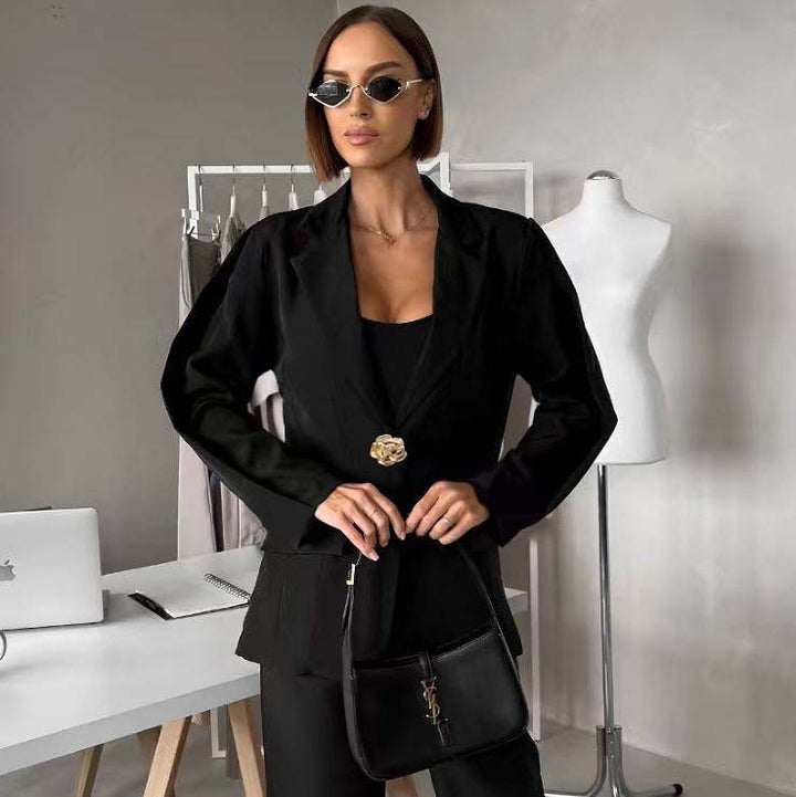 Women's Tailored One-Button Blazer with Floral Decorative Closure and Flap Pockets Mune Fashion