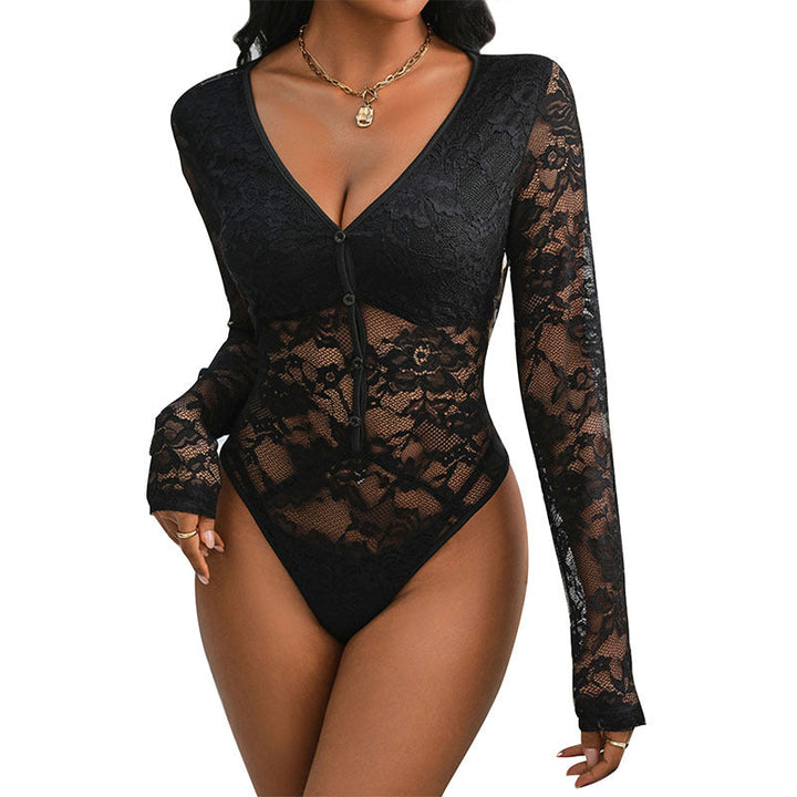 Women's figure-hugging lace bodysuit with sheer lace, V-neckline and decorative button placket Mune Fashion