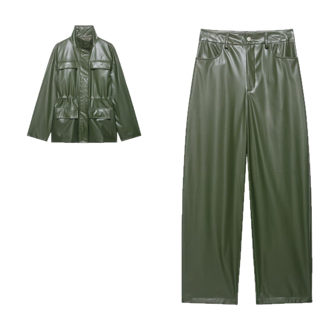 Women's Two-Piece PU Leather Ensemble with Field Jacket, Drawstring Waist and High-Waist Wide-Leg Pants Mune Fashion