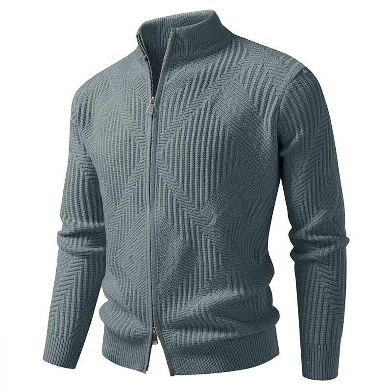 Men's zip cardigan with geometric herringbone knit and stand-up collar Mune Fashion