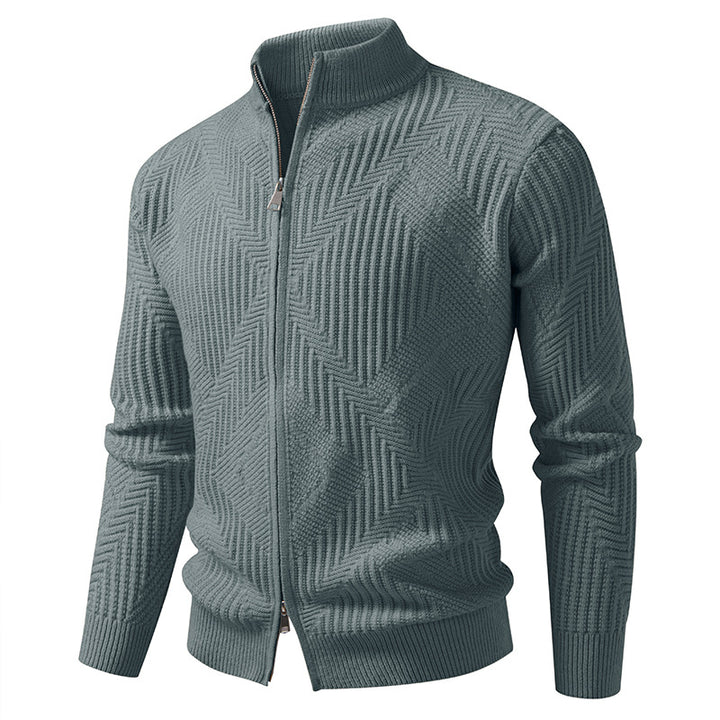 Men's zip cardigan with geometric herringbone knit and stand-up collar Mune Fashion