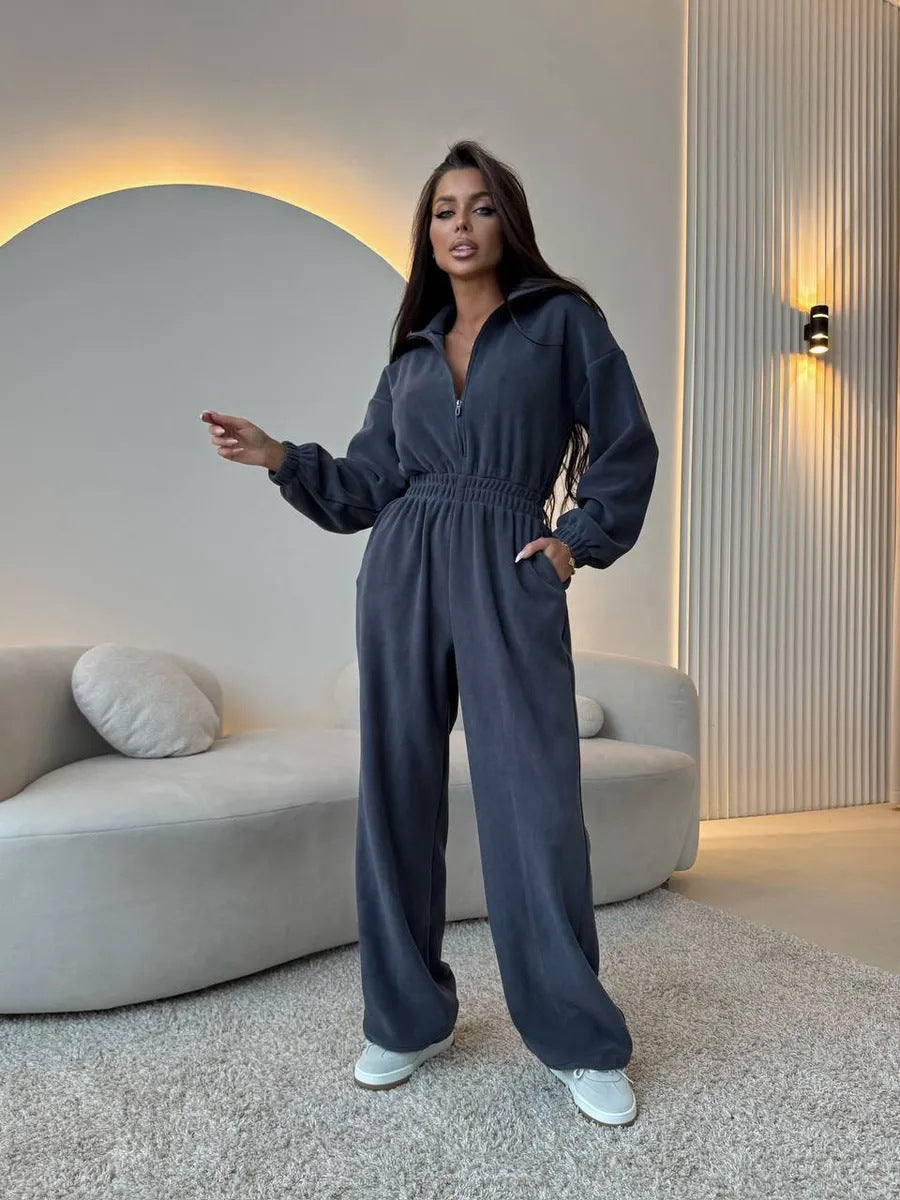 Women's Oversized Loungewear Jumpsuit with Half Zipper and Elastic Waist Gathering Mune Fashion
