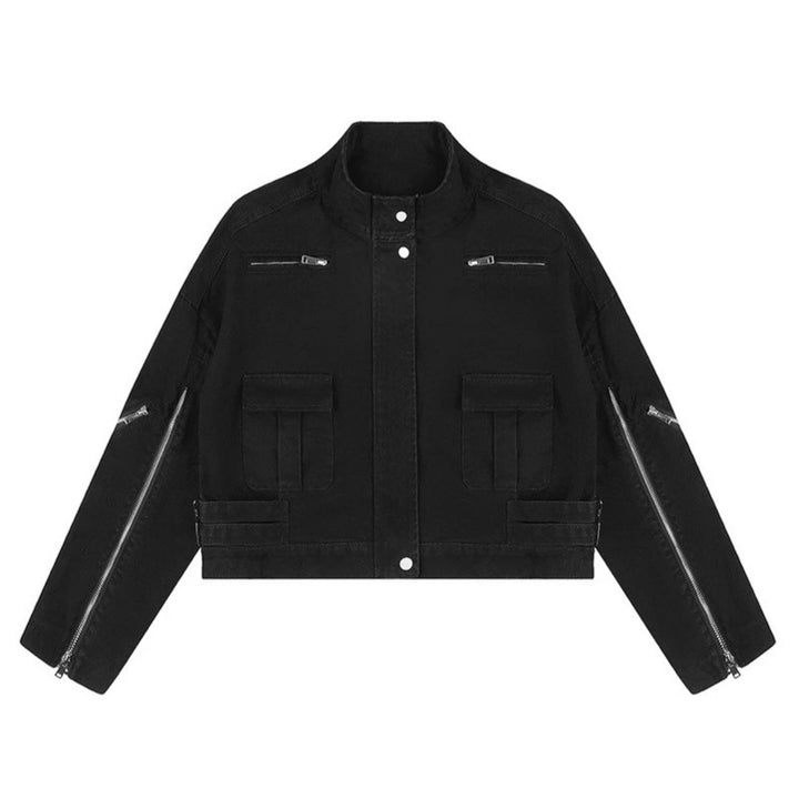 Women's Cropped Utility Jacket with Stand Collar, Multiple Pockets and Zip Sleeves Mune Fashion