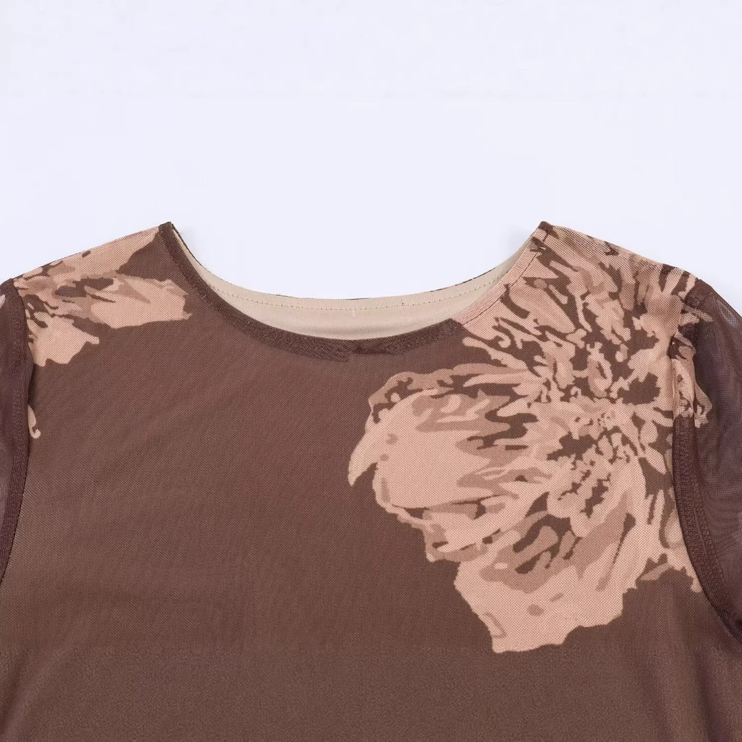 Women’s maxi dress with semi-transparent mesh overlay, long sleeves, and flared A-line Mune Fashion