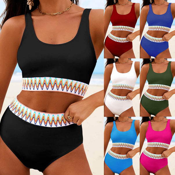 Women's High Waisted Bikini Set with Trendy Striped Band Mune Fashion