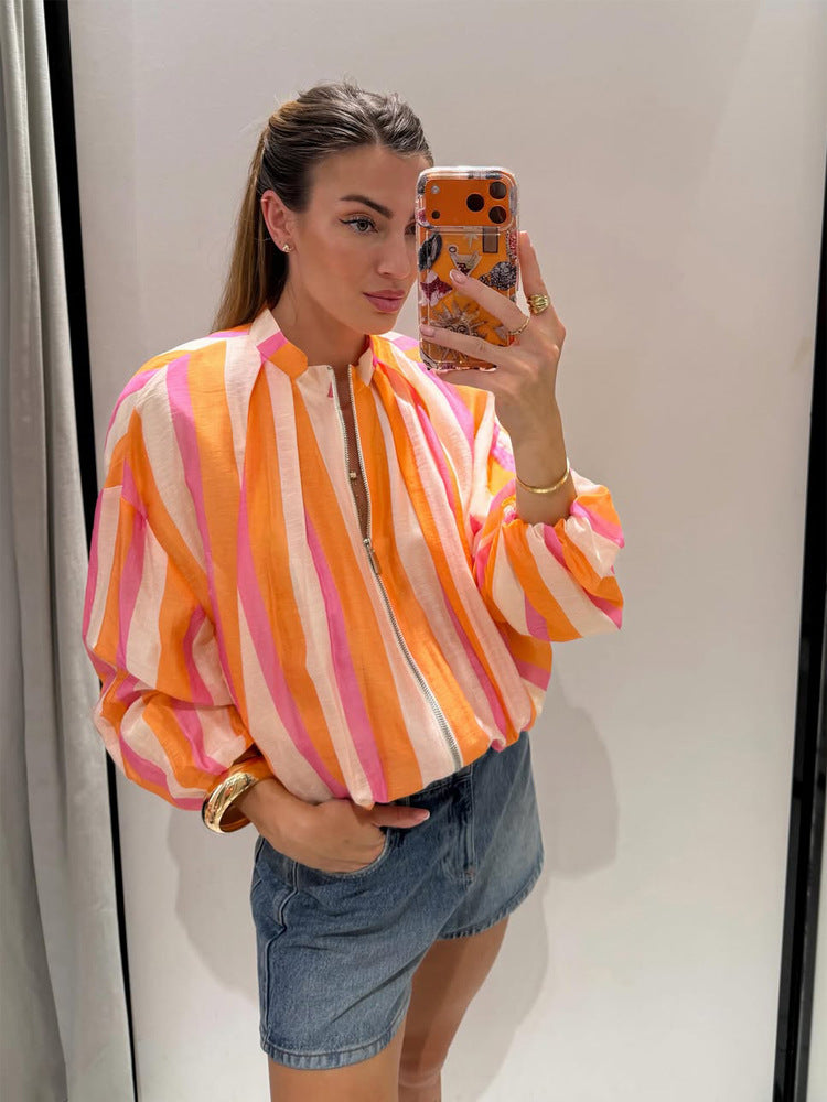 Women's Striped Lightweight Bomber Jacket with Balloon Sleeves and Stand Collar Mune Fashion
