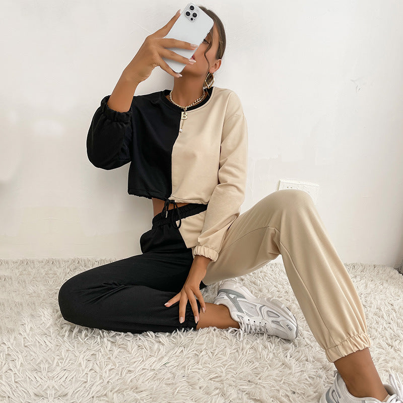 Women's Two-Piece Cropped Lounge Set with Color Block Look, Drawstring and Jogger Mune Fashion