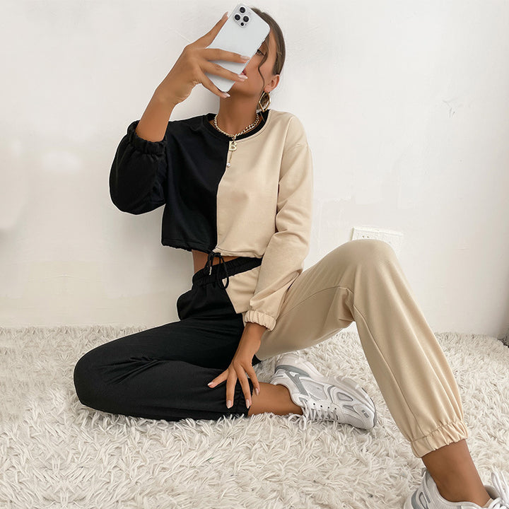 Women's Two-Piece Cropped Lounge Set with Color Block Look, Drawstring and Jogger Mune Fashion