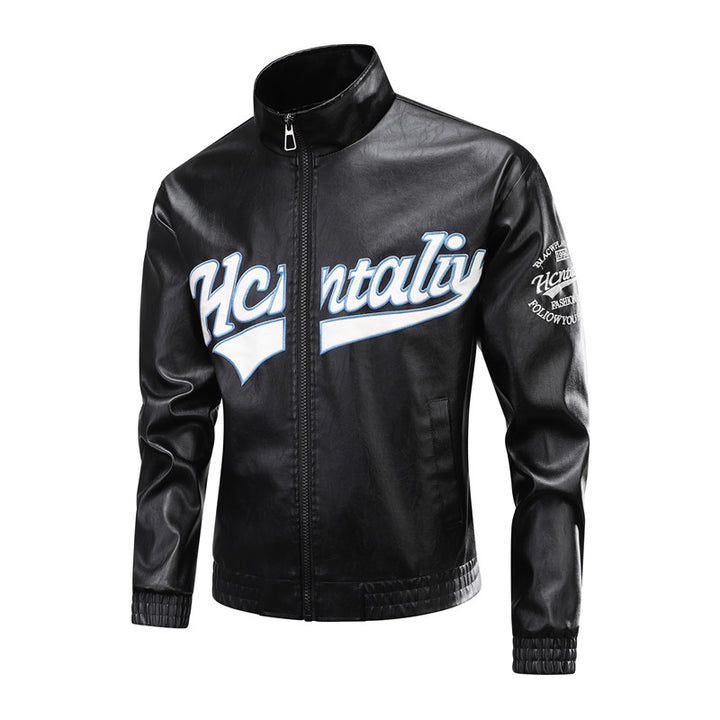 Men's Leather Look Bomber Jacket with Stand Collar, Logo Embroidery & Front Zip Mune Fashion