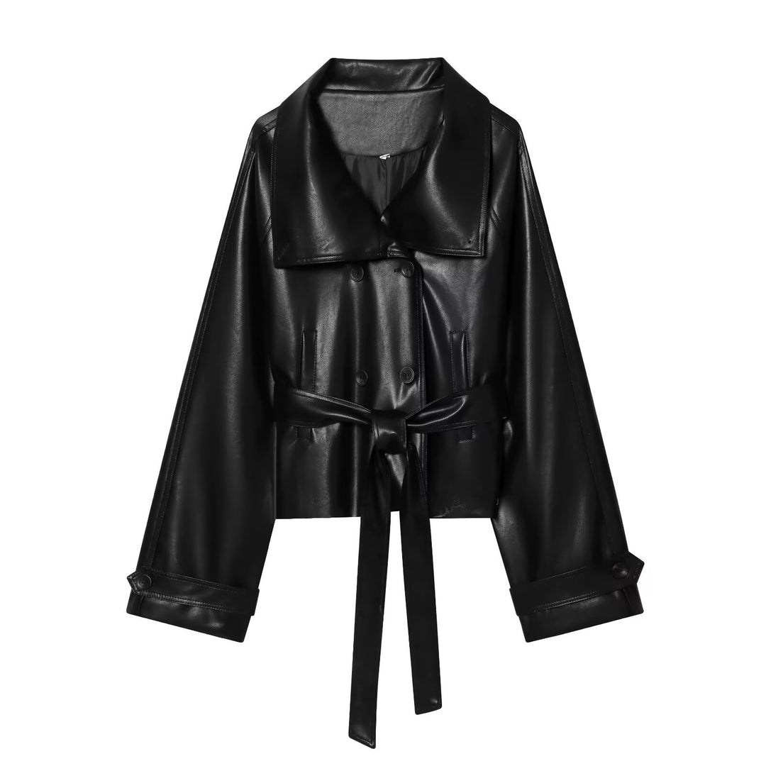 Women's Short Cut Faux Leather Trench Coat with Oversized Lapels, Double-Breasted Button Placket and Tied Belt Mune Fashion