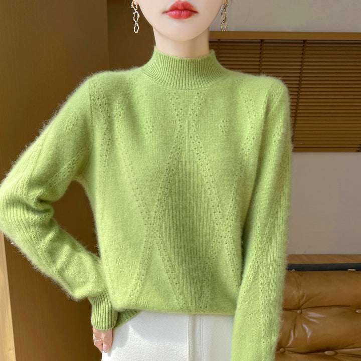 Women's Light Mockneck Fine Knit Sweater with Openwork Chevron and Cashmere Soft Finish Mune Fashion