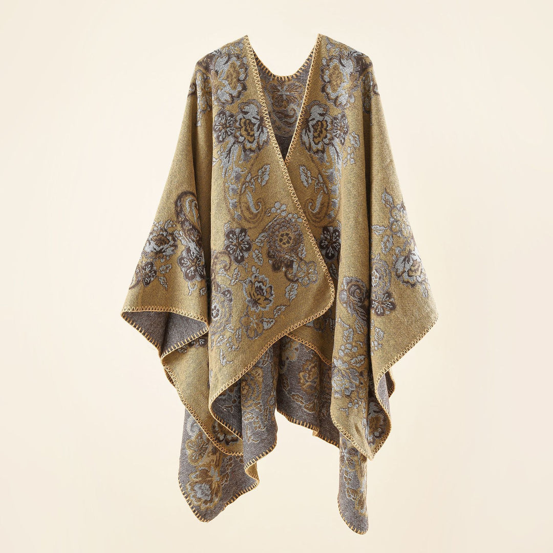 Women's Reversible Knit Cloak with Floral Jacquard Weave and Decorative Chain Stitching