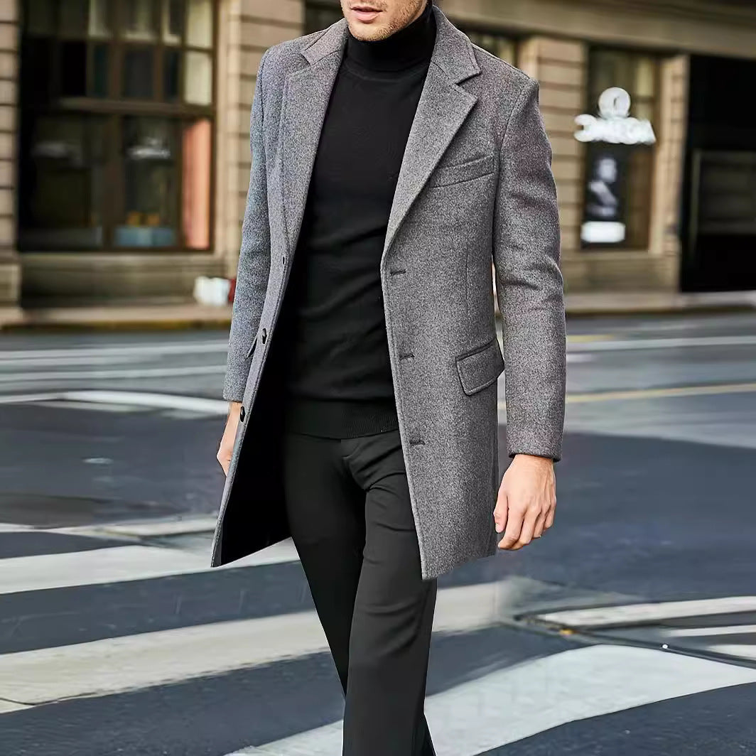 Men's Modern Long Coat made of Wool Blend with Narrow Lapels, Flap Pockets and Slim Fit Mune Fashion