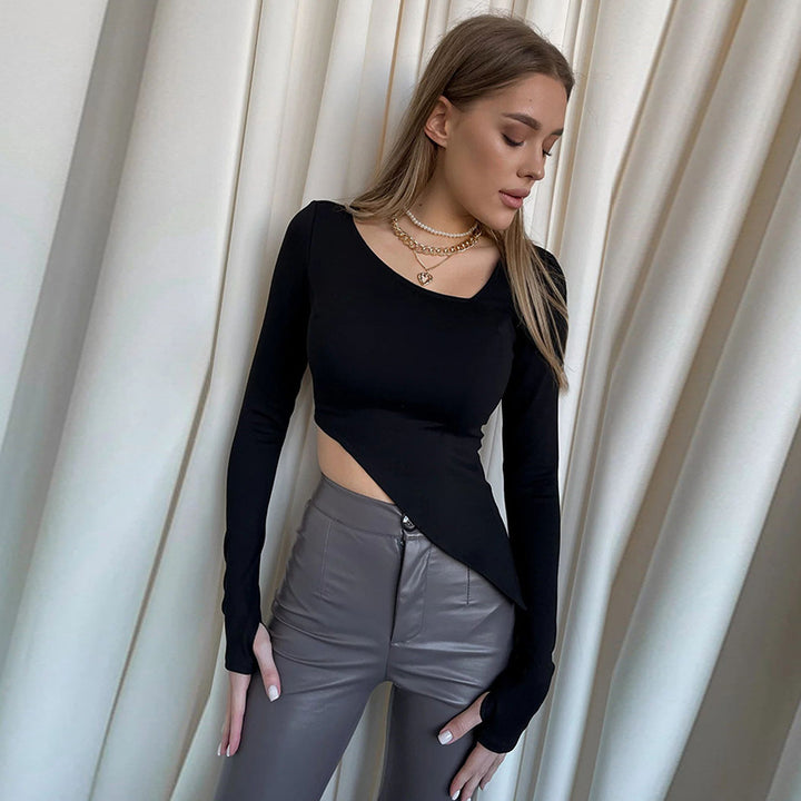 Damen Asymmetrisches tailliertes Cut-Out-Crop-Top mit langen Ärmeln Mune Fashion