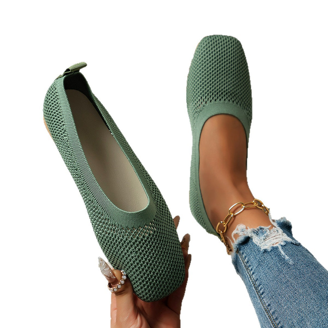 Women Breathable Knit Ballet Flats with Square Toe Mune Fashion