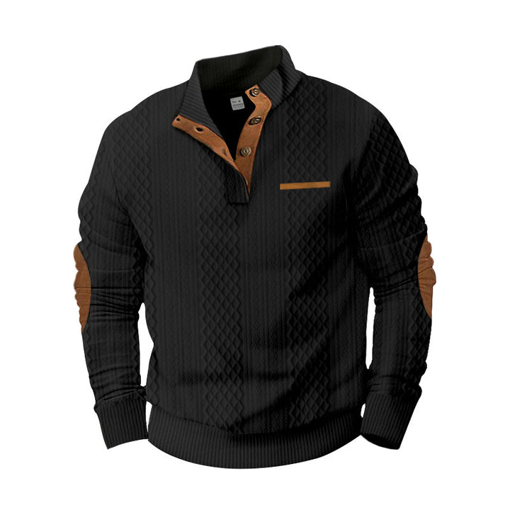 Men's knitted pullover with stand-up collar, button placket and elbow patches Mune Fashion