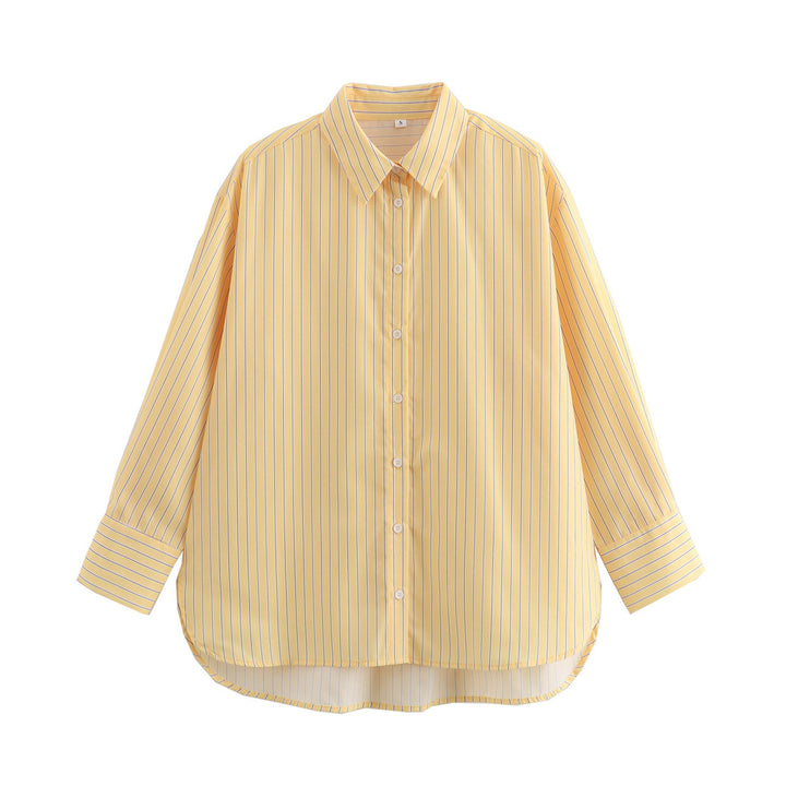 Women's oversized shirt blouse with fine stripes, classic collar and rounded hem Mune Fashion