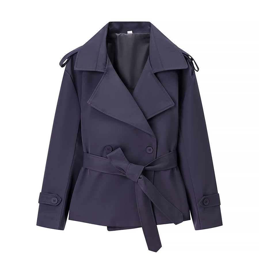 Women Short Trench Coat with dropped shoulders, large lapel collar and wrap belt Mune Fashion
