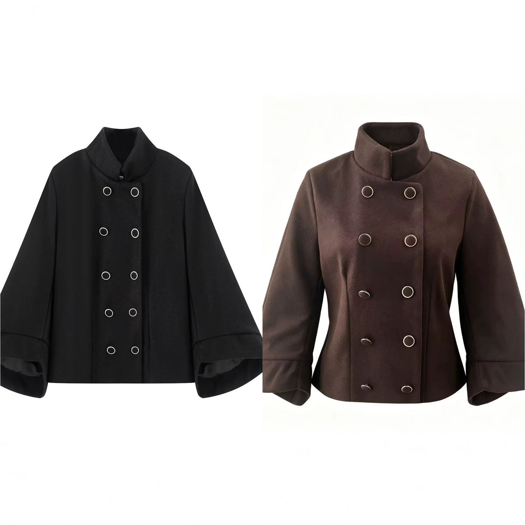 Women's Short Double-Breasted Wool Blend Coat with Stand Collar, Bell Sleeves and Metal Buttons Drune