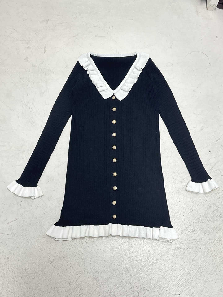 Women's body-hugging ribbed knit dress with decorative button placket, contrasting ruffled collar and gathered cuffs Mune Fashion