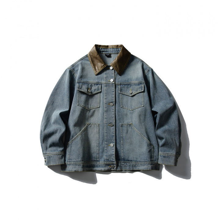 Unisex Boxy Denim Jacket with Leather Collar, Snap Button Placket and Flap Pockets Mune Fashion