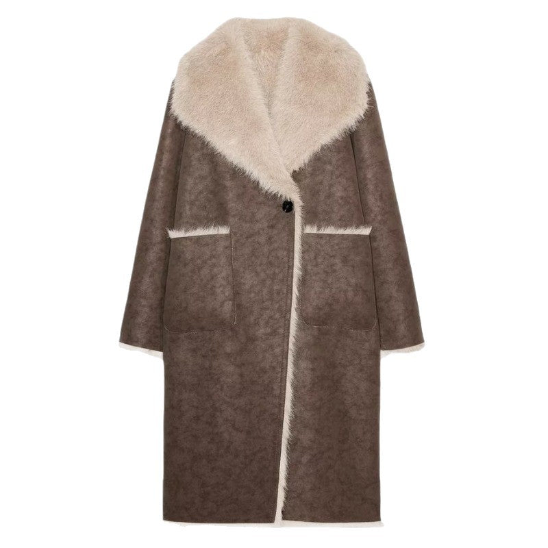 Women's Long Faux Fur Shearling Coat with Oversized Shawl Collar and Patch Pockets Mune Fashion
