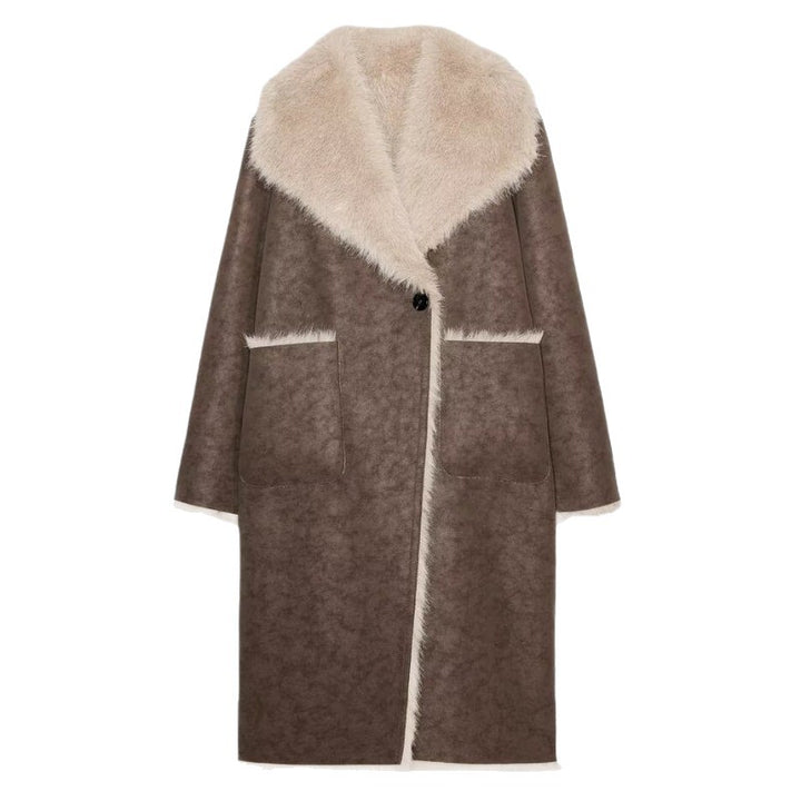 Women's Long Faux Fur Shearling Coat with Oversized Shawl Collar and Patch Pockets Mune Fashion