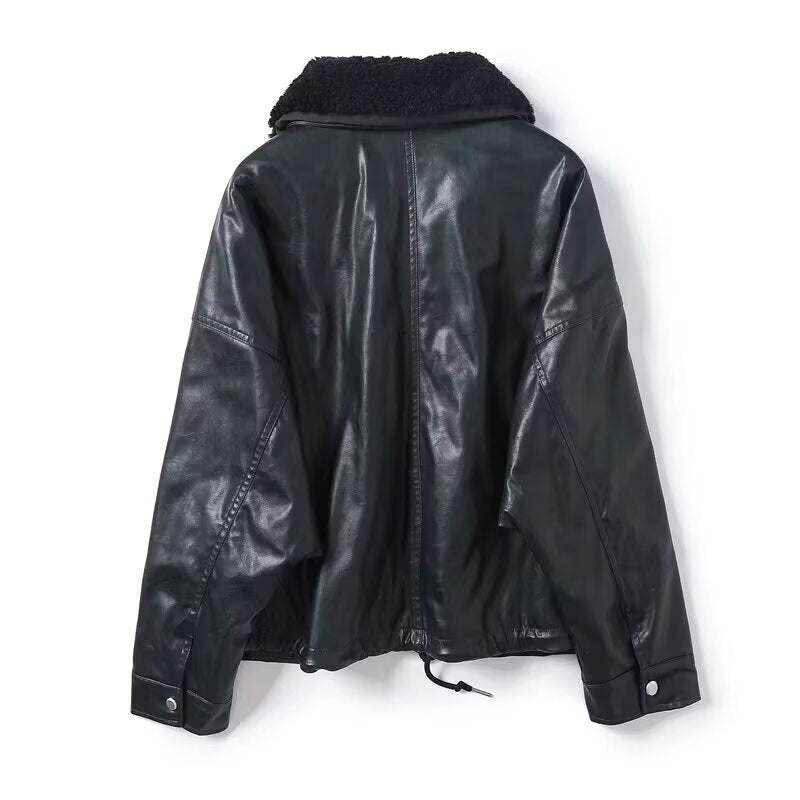 Women Oversized Faux Leather Bomber Jacket with Teddy Collar and Flap Pockets Mune Fashion