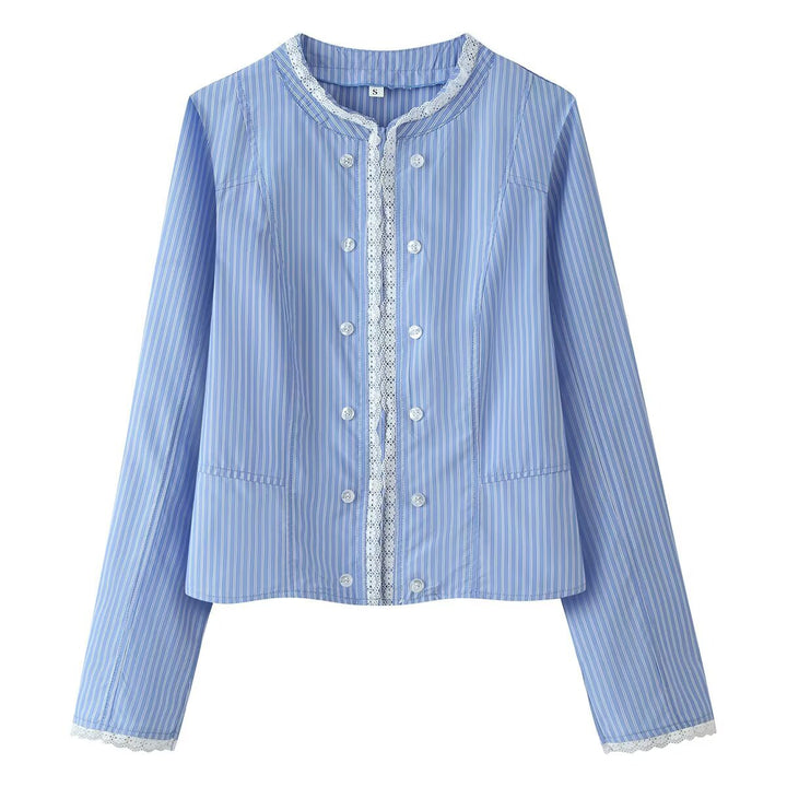 Women Striped Short Blouse with Lace Trim and Double Button Placket Mune Fashion