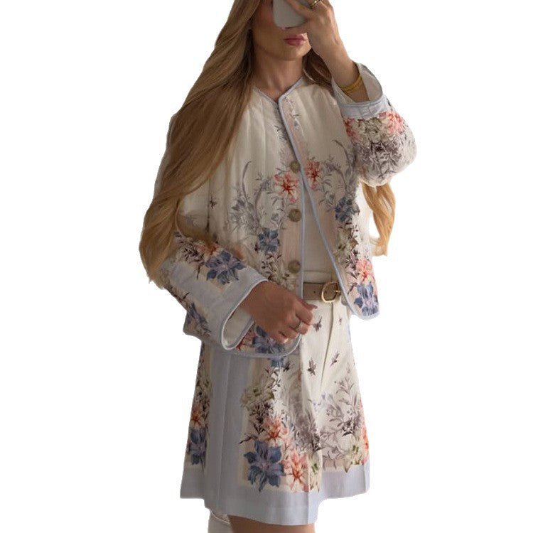 Women Two-Piece Floral Boucle Jacket and Pleated Mini Skirt Set Mune Fashion