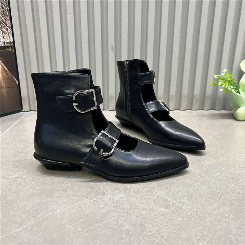 Women’s pointed toe ankle boots with double straps, buckles and low block heel Mune Fashion