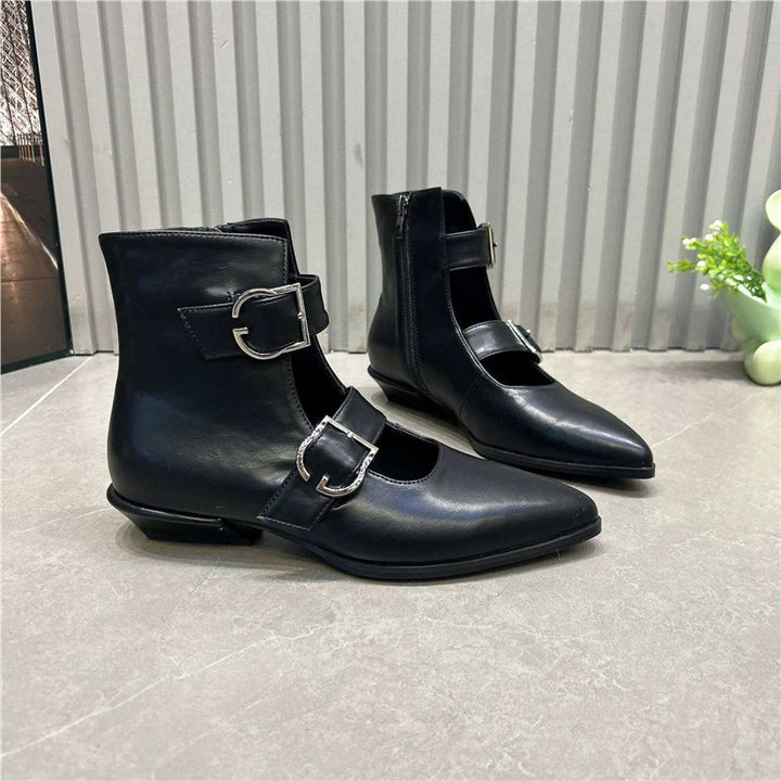 Women’s pointed toe ankle boots with double straps, buckles and low block heel Mune Fashion