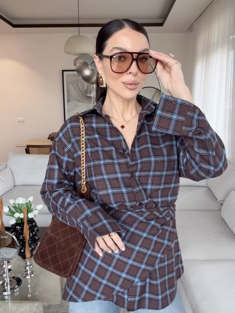 Women's Oversized Checked Shirt with Waist Belt and Extended Back Hem Mune Fashion