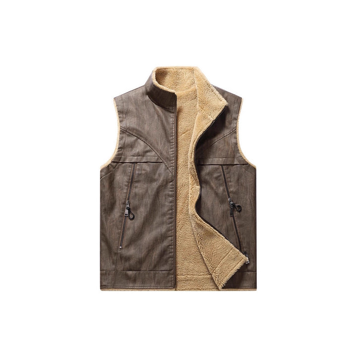 Men's Sleeveless Faux Leather Teddy Vest with Stand Collar and Zipper Pockets Mune Fashion