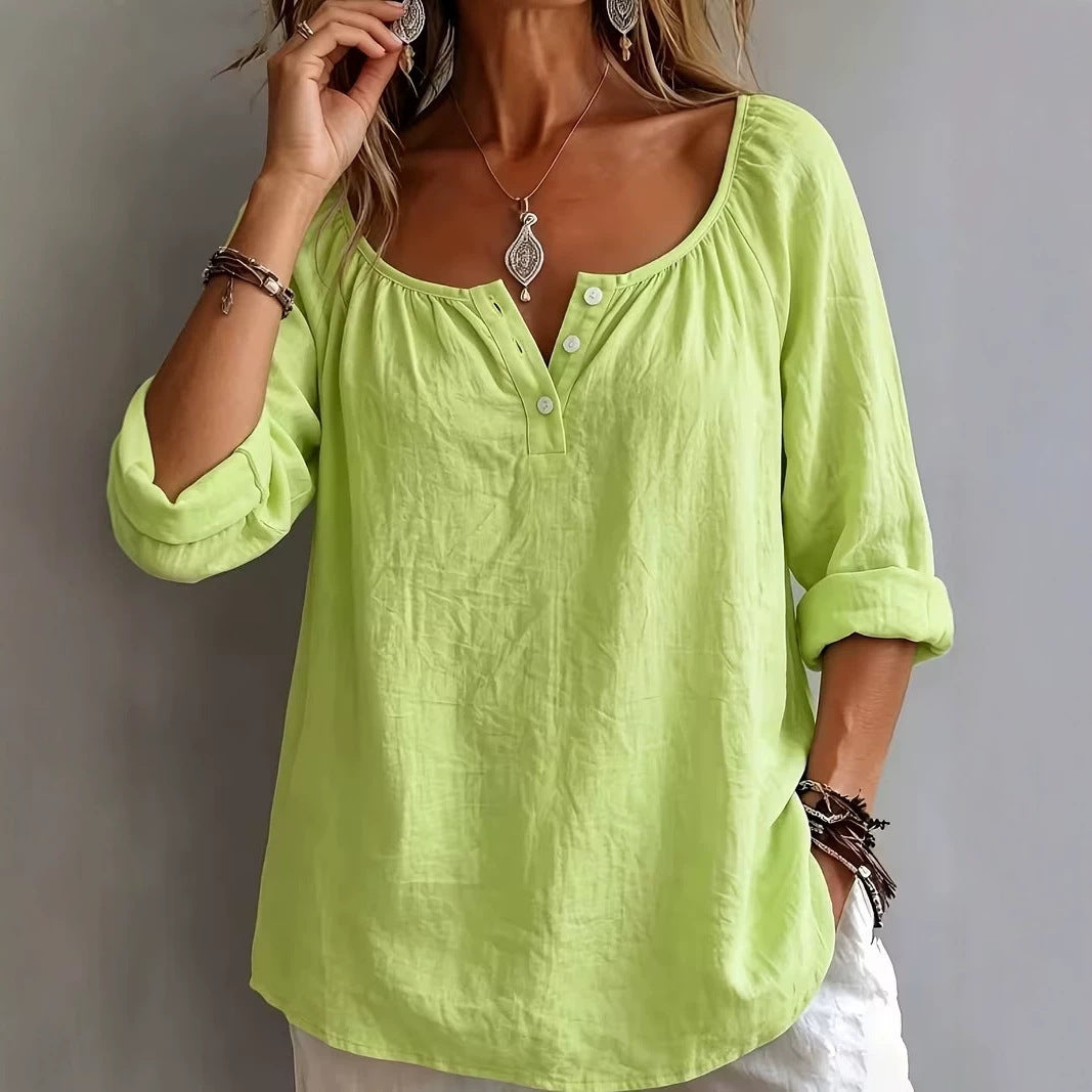 Women's Loose Fitting Linen Look Tunic with U-Neck and Short Button Placket Mune Fashion