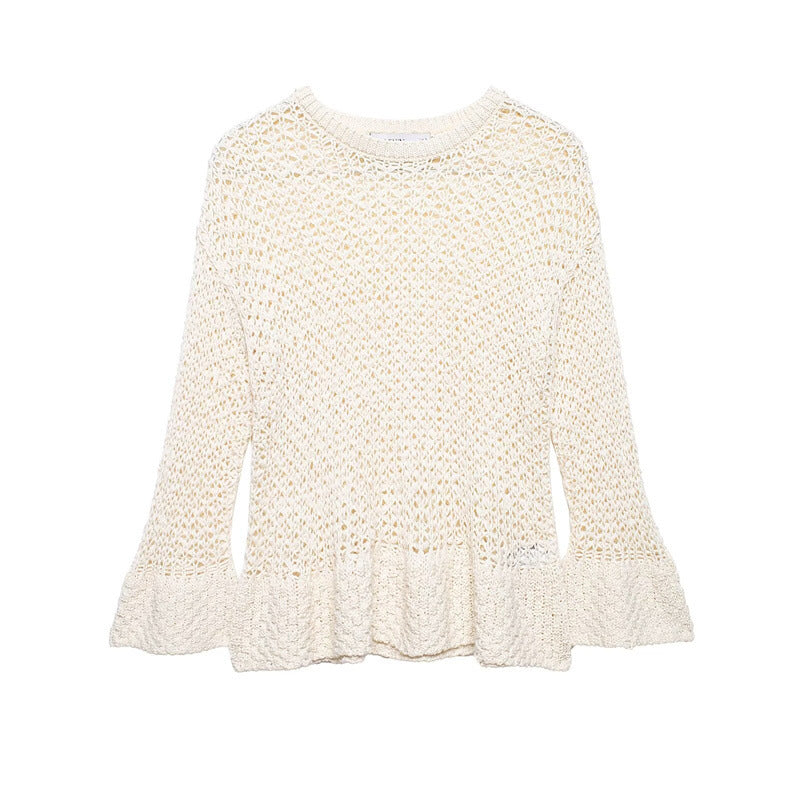 Women's loosely knitted lace pullover with ruffled hem and flared sleeves Mune Fashion